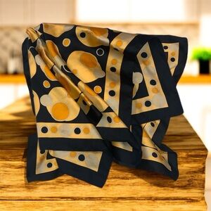 Vintage 90s Black/Gold Polka Dot Silk Satin Scarf Square 27”